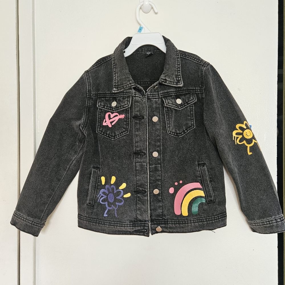 Kids Black Denim Jacket with Colorful Patches